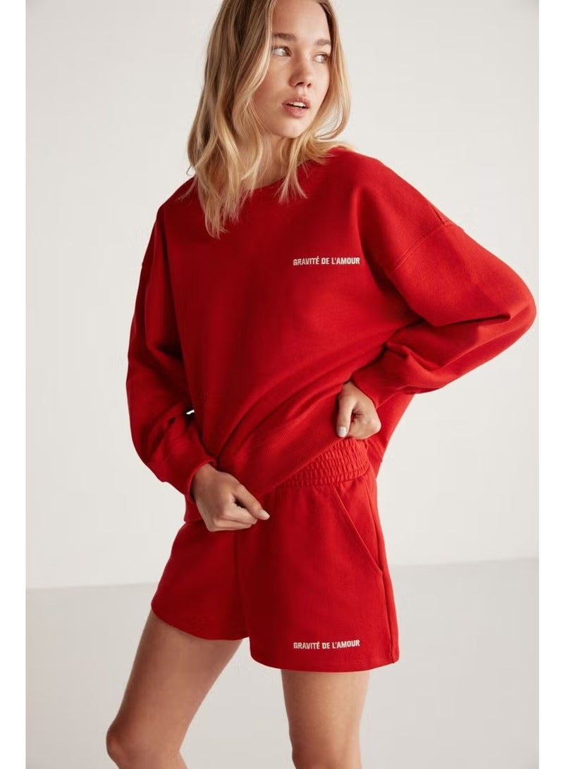 GRIMELANGE Jennifer Women's Crew Neck Printed Detailed Red Sweatshirt - Image 1